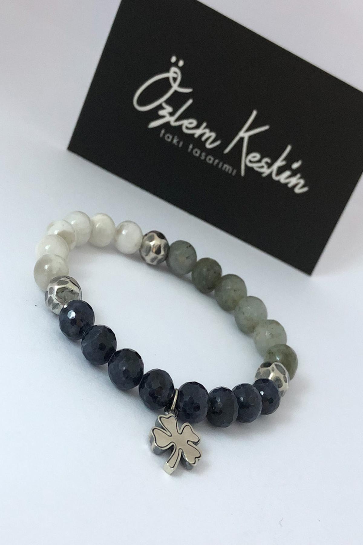 Safir, Labradorite & Aytaşı Doğal Taşlı Yonca Sembol Bileklik