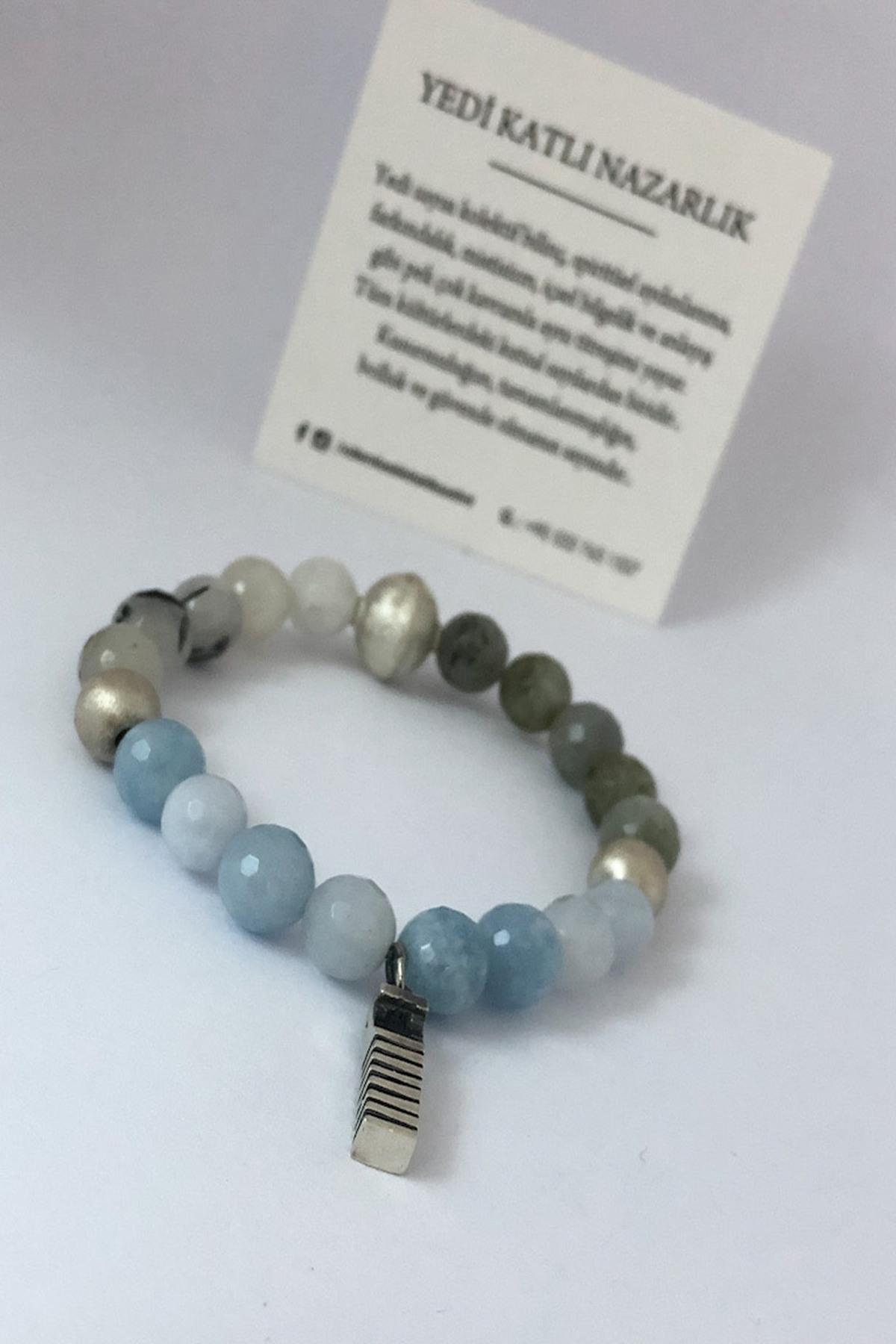 Aquamarine, Labradorite & Rutil Kuvars Doğal Taşlı Yedi Katlı Nazarlık Bileklik