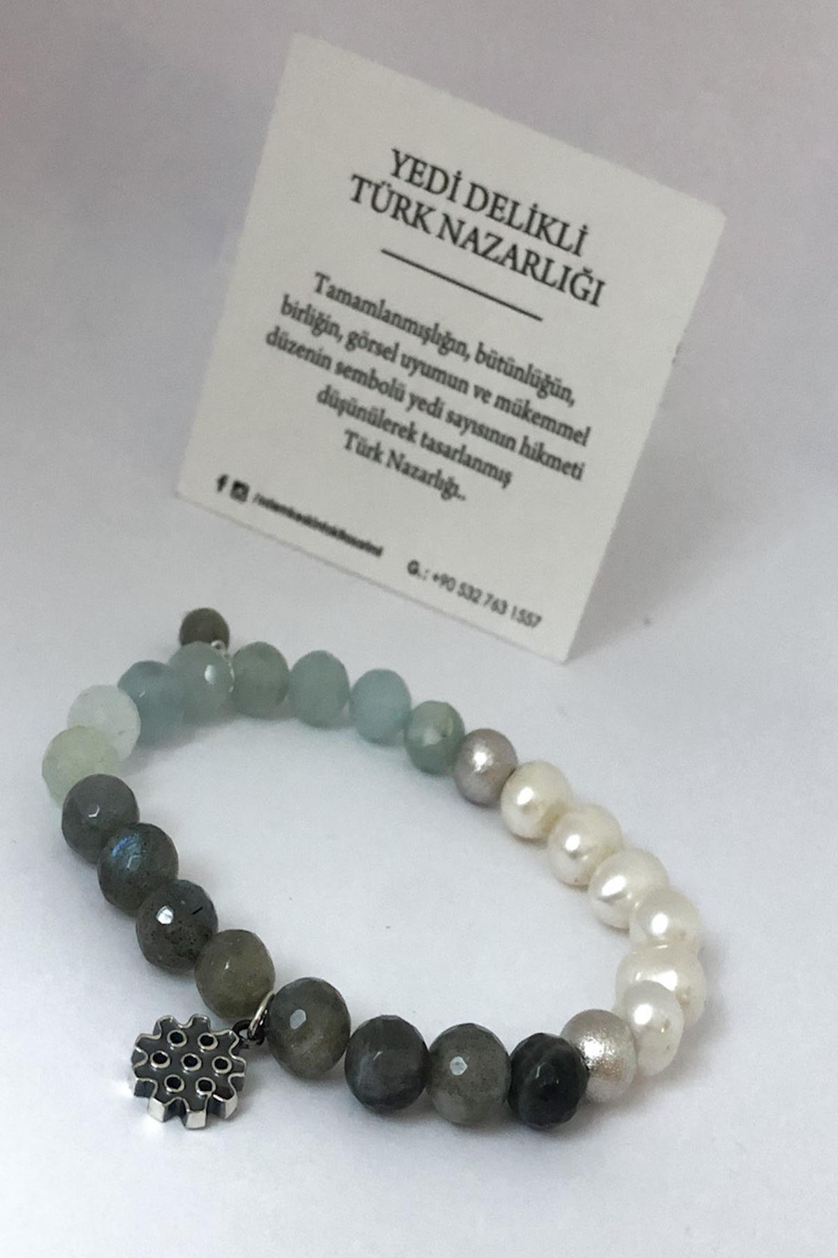 Aquamarine & Labradorite & İnci Doğaltaşlı Yedi Delikli Türk Nazarlığı Bileklik