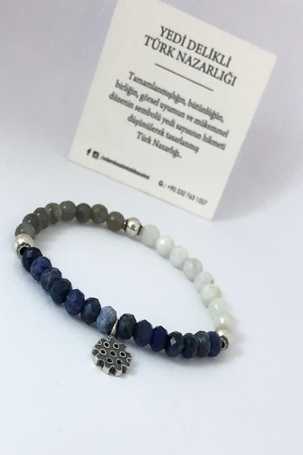 Sodalite, Ay Taşı & Labradorite Doğal Taşlı Yedi Delikli Türk Nazarlığı Bileklik