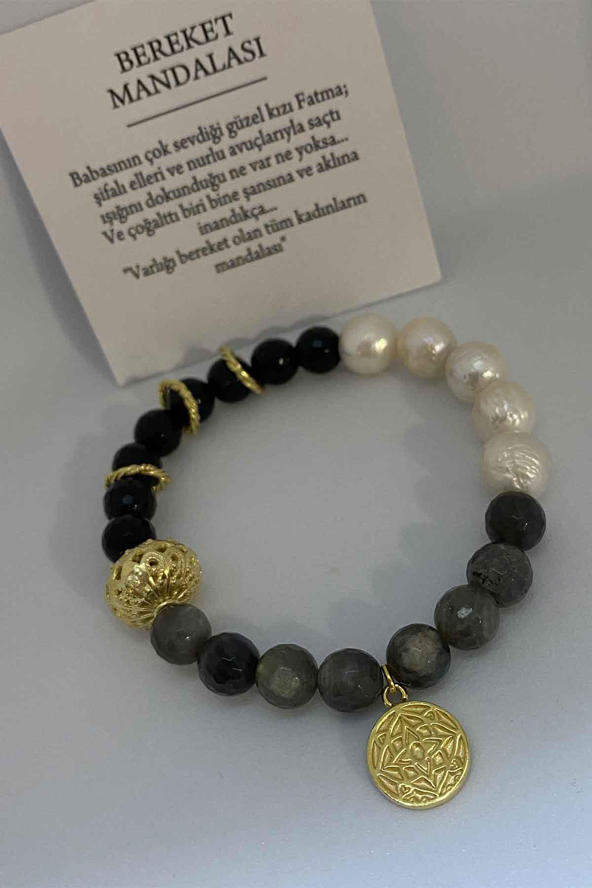 Labradorite & İnci & Siyah Turmaline Taşlı Bereket Mandalası Bileklik