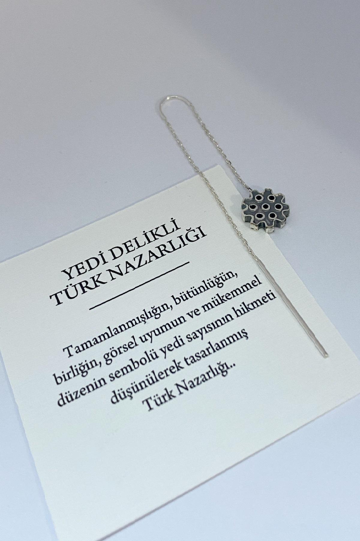 Yedi Delikli Türk Nazarlığı Dokulu Zincirli Küpe